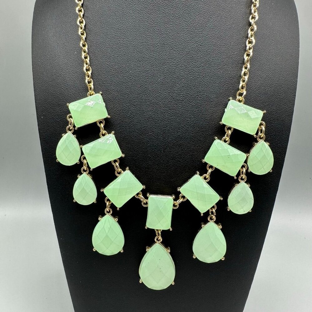 3/$30 Green Statement Necklace Gold Tone Faceted Teardrops Pastel Color 18.5"